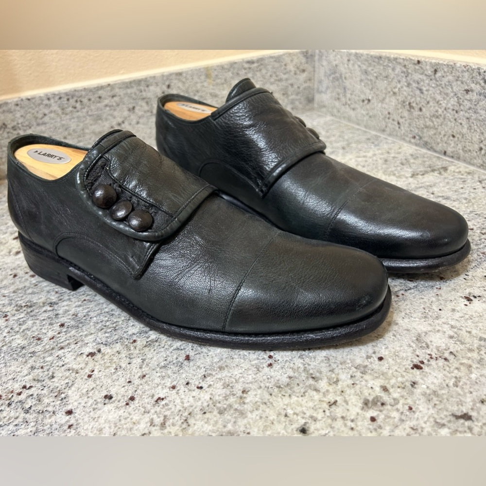 Distressed black leather John Varvatos Bowery Button Oxfords